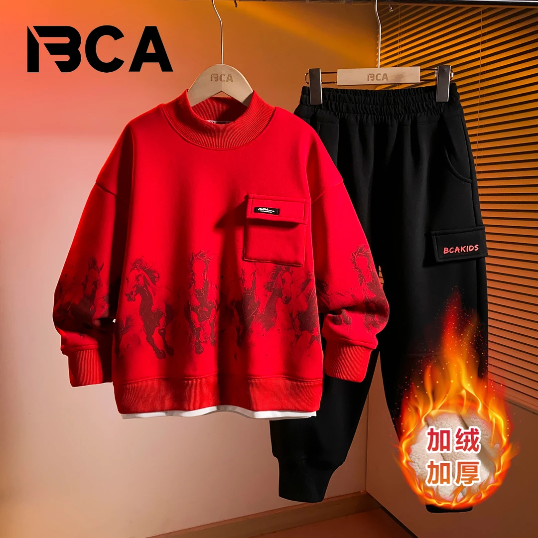 BCA【加绒加厚】中大童亲子套装红色喜庆拜年服冬季加绒DF-套装3924
