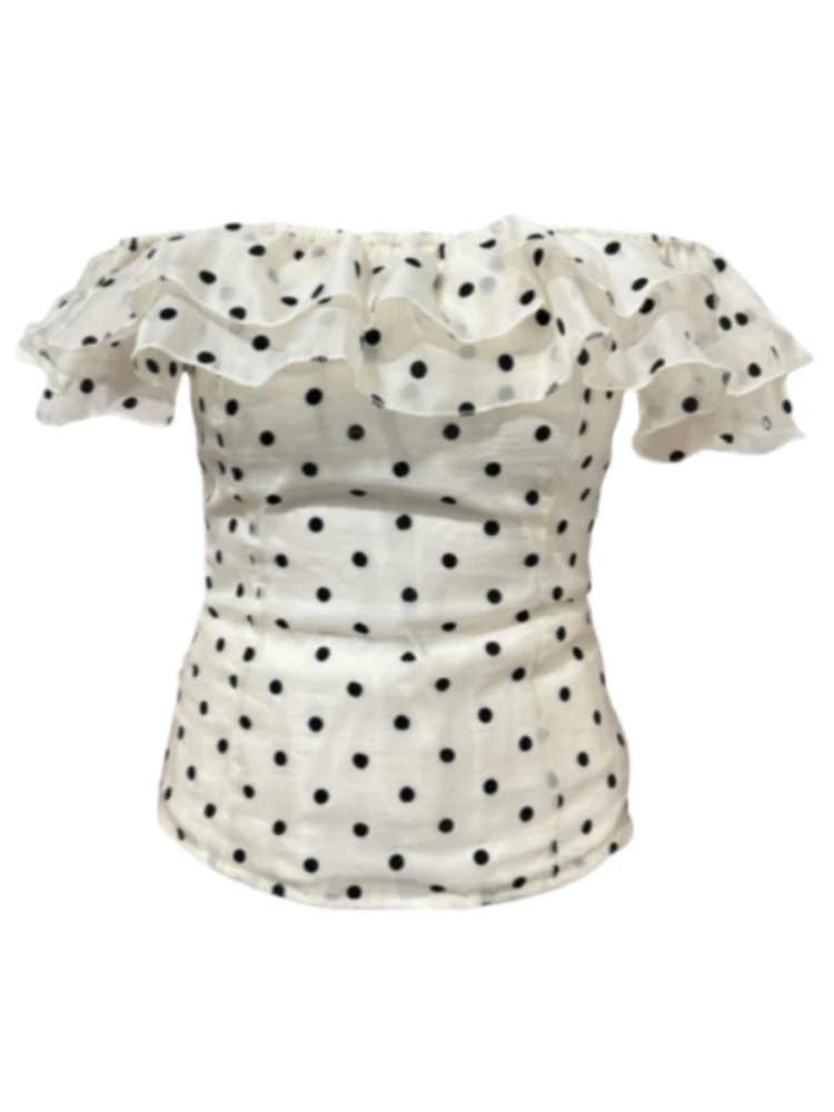 【Amy家】微胖mm纯欲风荷叶边一字肩雪纺衫女夏季修身显瘦波点上衣