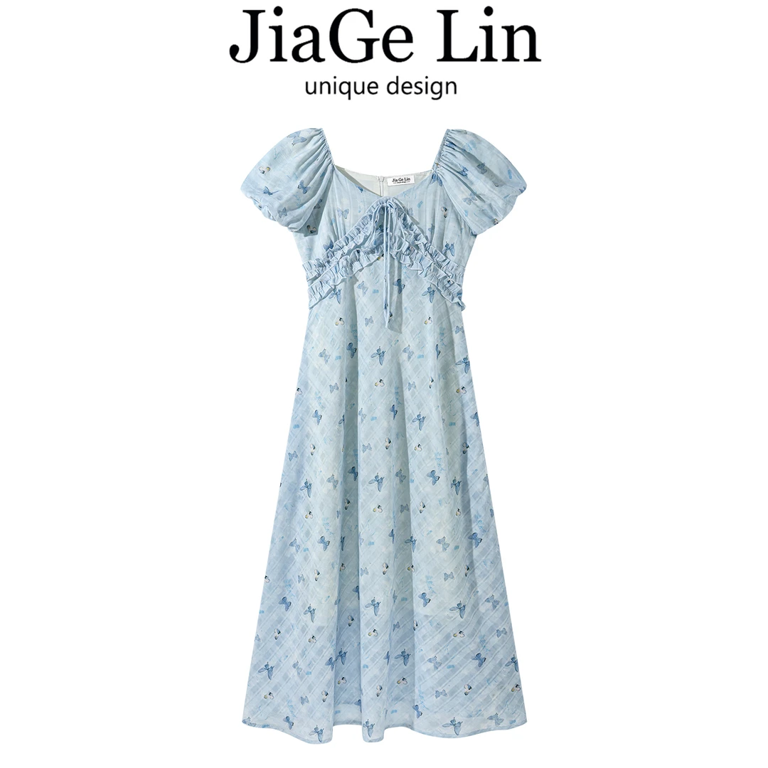 JiaGeLin韩系设计感蝴蝶印花泡泡袖连衣裙女夏季收腰显瘦气质裙子