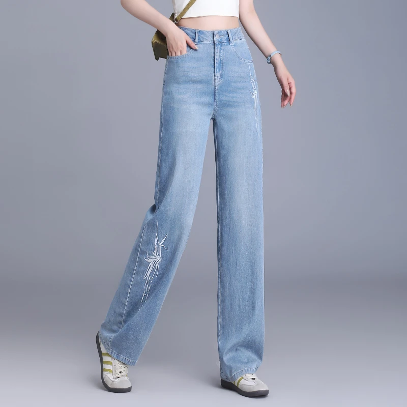 正品刺绣阔腿牛仔裤女2025夏季薄款高腰宽松垂感显瘦显高直筒裤子