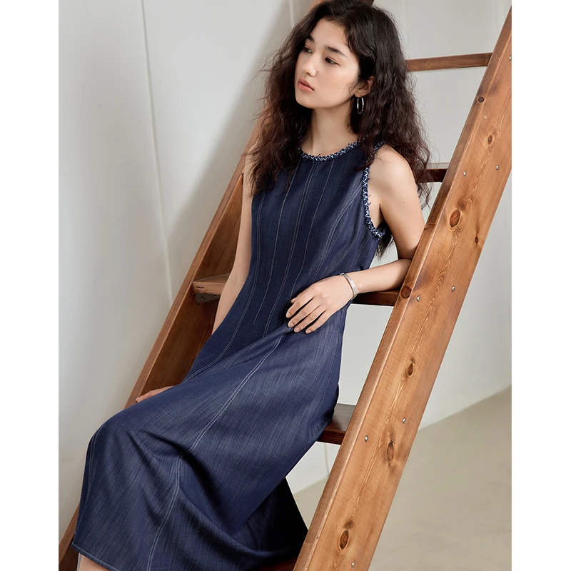 自巧小个子女装复古仿牛仔收腰连衣裙圆领无袖中长裙子 25ZQ92201