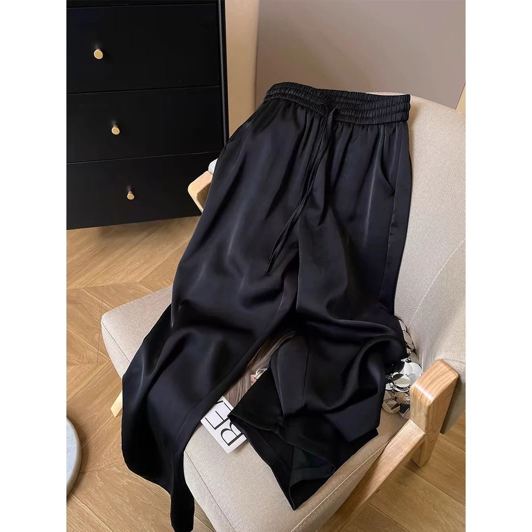 新中式缎面阔腿休闲裤女2025新款高腰直筒垂感宽松显瘦时尚拖地裤