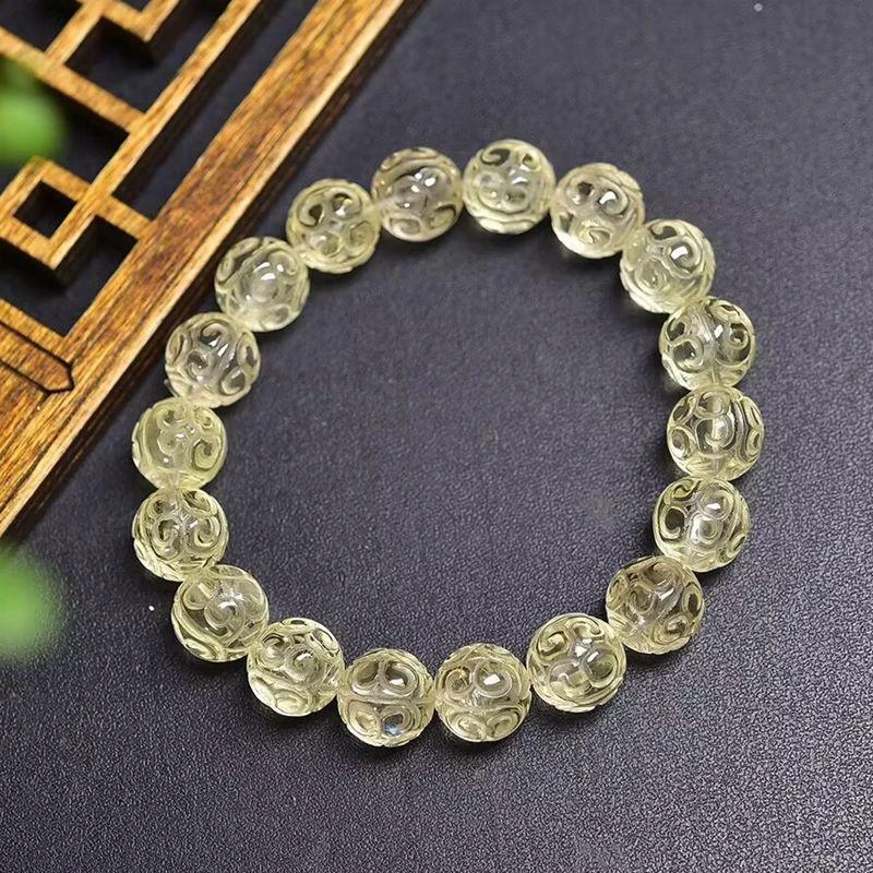 天然黄水晶回纹珠手链圆珠雕刻件单圈手串饰品时尚招财黄水晶手串