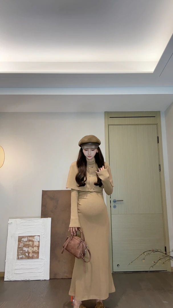 时尚孕妇秋冬法式千金风气质针织连衣裙长裙打底裙子+斗篷两件套