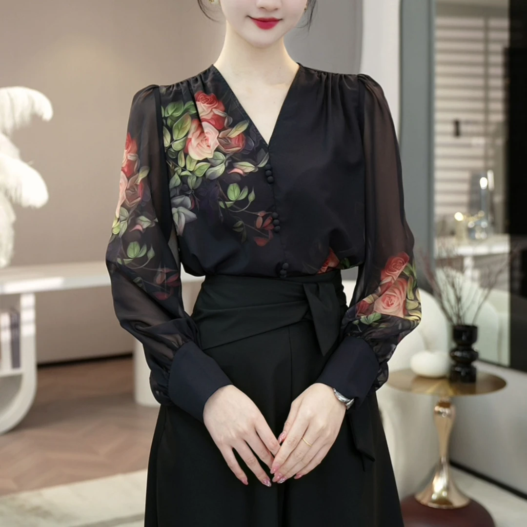 唐熹现货2025新款【4494】法式气质高级设计黑色V领长袖衬衫上衣女