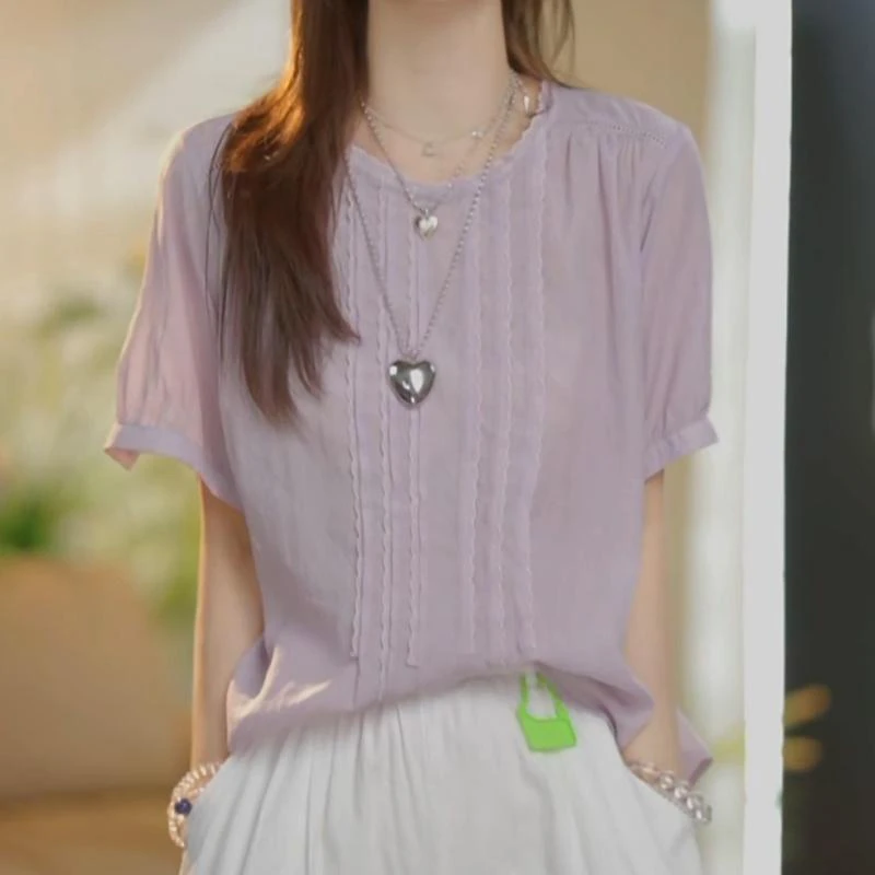 法式复古时尚圆领短袖衬衫女士2025夏季新款宽松显瘦简约上衣潮流