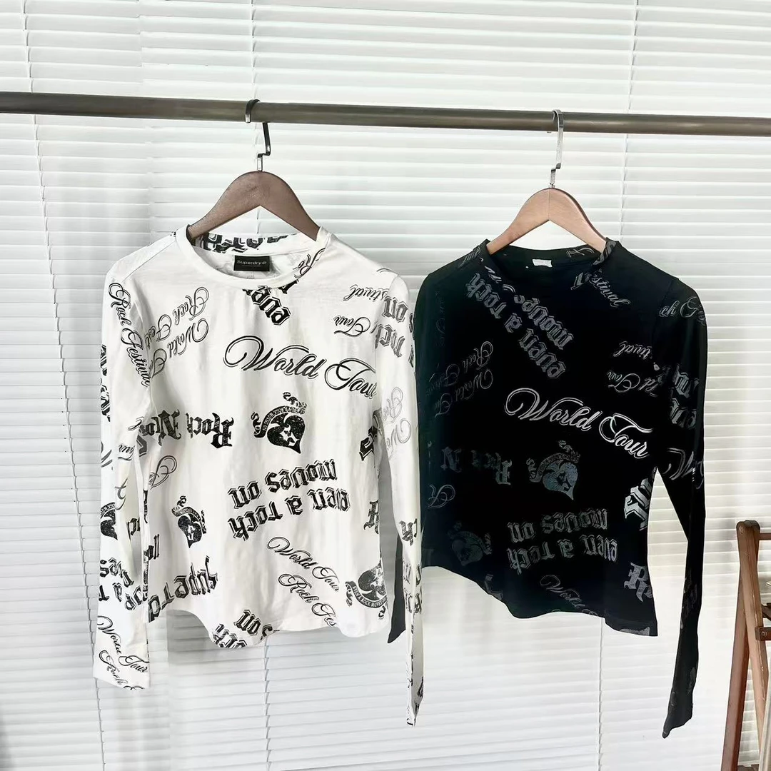 复古街头y2k辣妹满印春夏双层弹力修身长袖T恤上衣女25052946