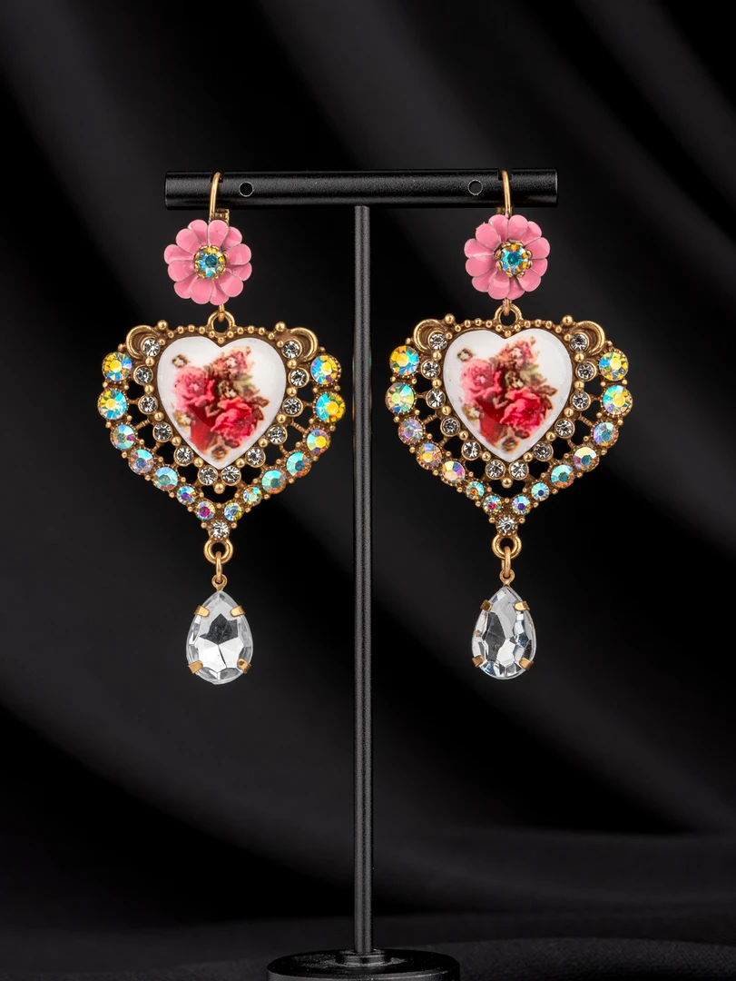 铜合金珐琅耳饰 简约时尚粉色花朵小爱心耳钉欧美