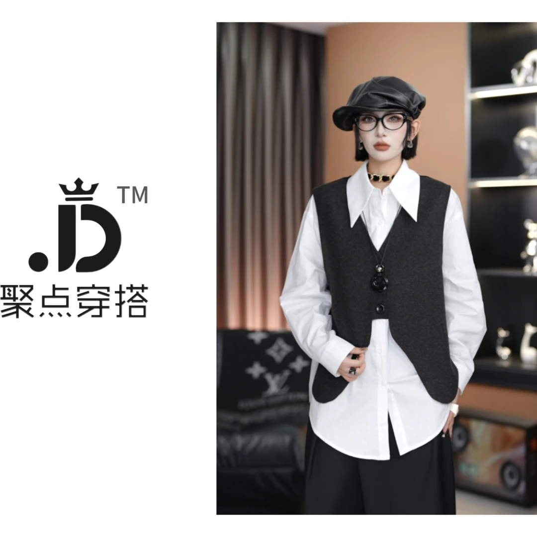 JUDIAN-【白色雅致】休闲风宽松马甲加衬衫两件套装8jd00359