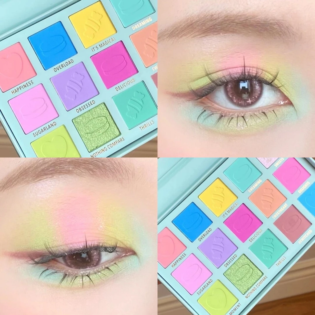 甜心马卡龙！15色眼影盘哑光珠光彩色彩妆盘薄荷绿色蓝色舞台玩妆
