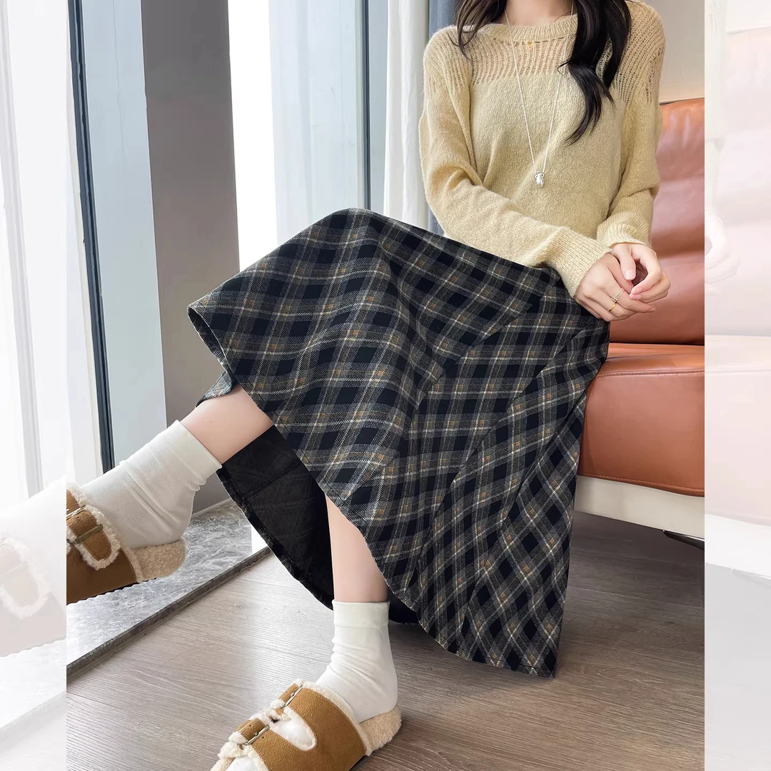 复古格子毛呢裙女秋冬季2025新款高腰中长款a字显瘦时尚气质伞裙