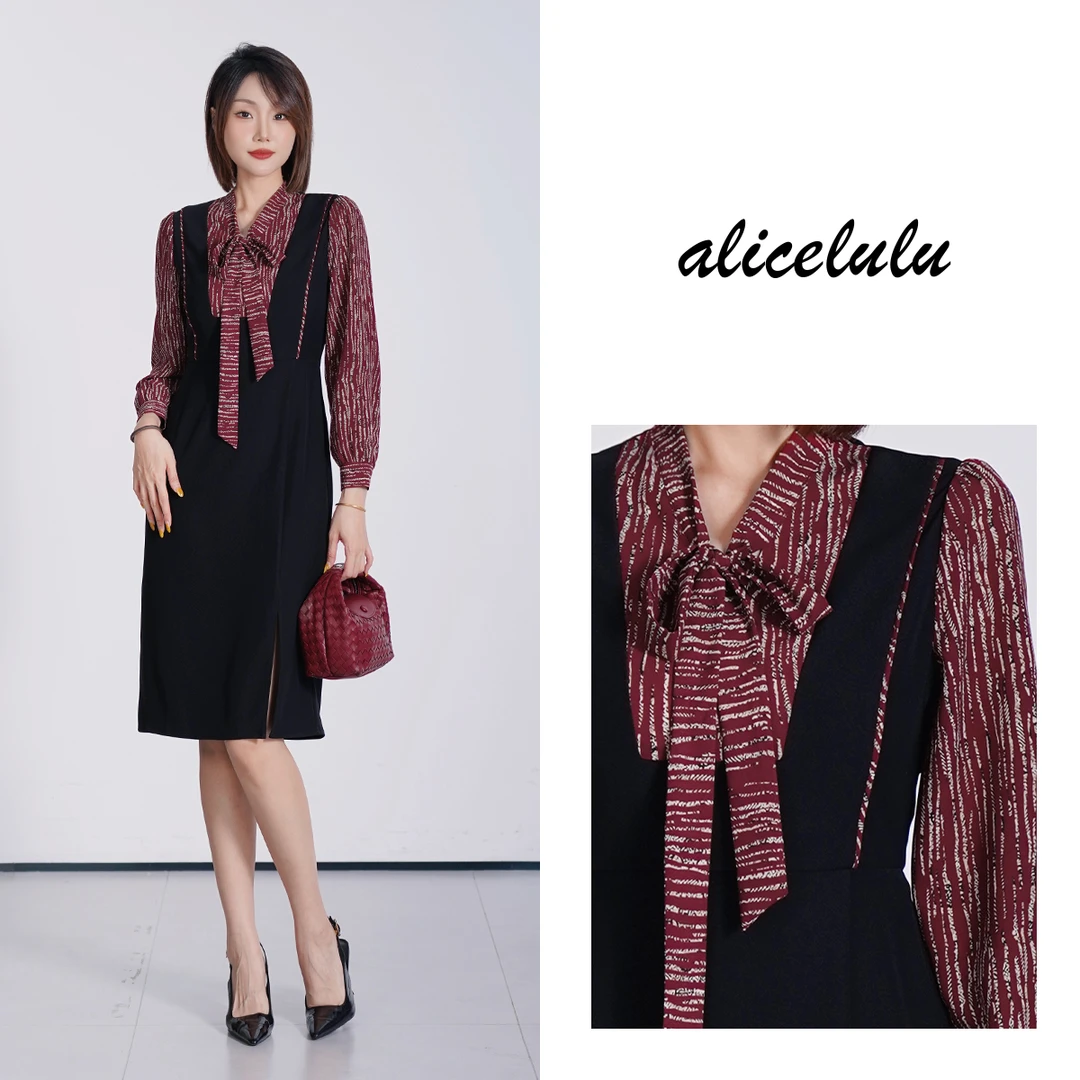 [alicelulu] 设计感通勤黑红撞色飘带领显瘦连衣裙S2144789E