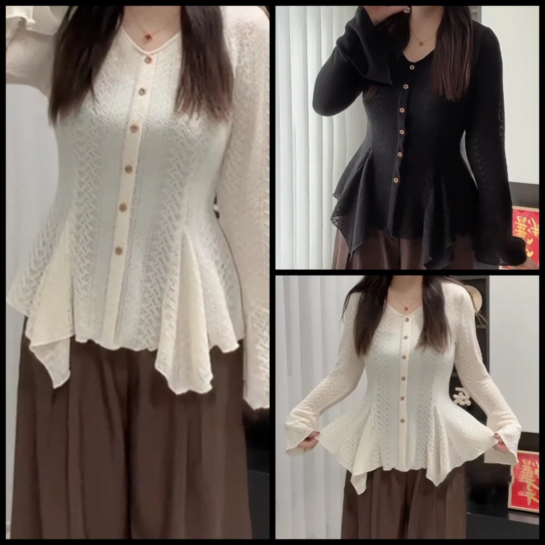 大码胖mm设计感镂空不规则喇叭袖针织衫遮肚子显瘦别致上衣8962