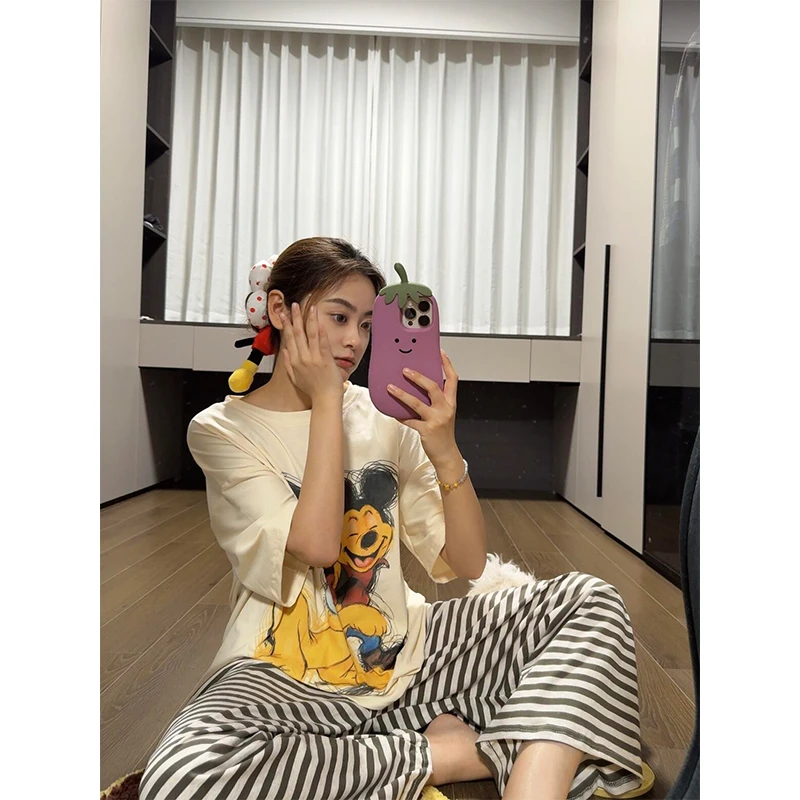 【条纹米奇】韩版可爱卡通短袖睡衣女春夏新款长裤套装可外穿家居服