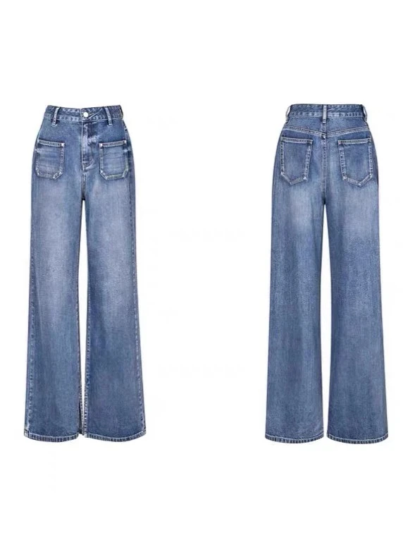 伊～夏季法式竖插口袋设计复古水洗长短款开叉醋酸牛仔拖地裤