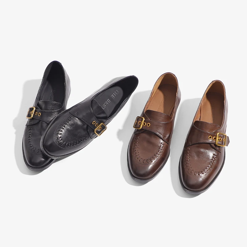 MR·T手工女鞋~皮带扣英伦风乐福鞋女小皮鞋真皮法式圆头平底单鞋