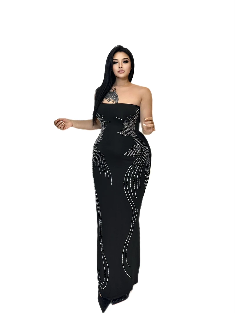 BBWootd大码时尚蝴蝶烫钻抹胸欧美长裙