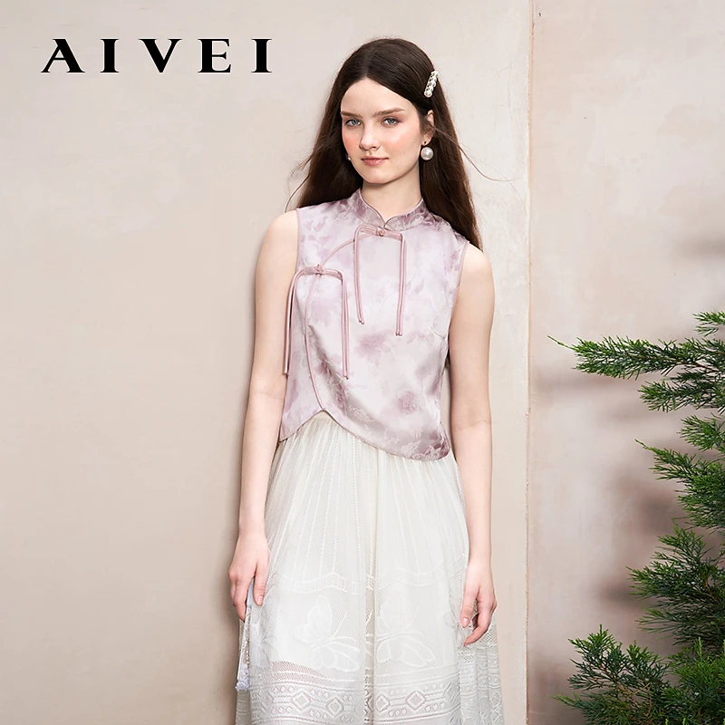 AIVEI欣贺艾薇国风暗纹提花斜襟雪纺上衣R0360203
