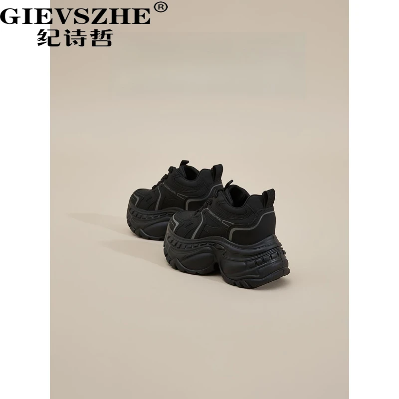 纪诗哲增高显瘦老爹鞋女秋冬黑色小个子11CM轻便超厚底运动鞋女款