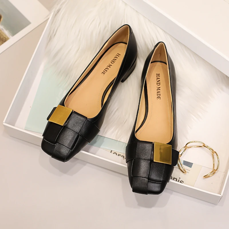 真皮气质方头编织浅口单鞋女2025新款春秋低跟通勤小皮鞋平底女鞋