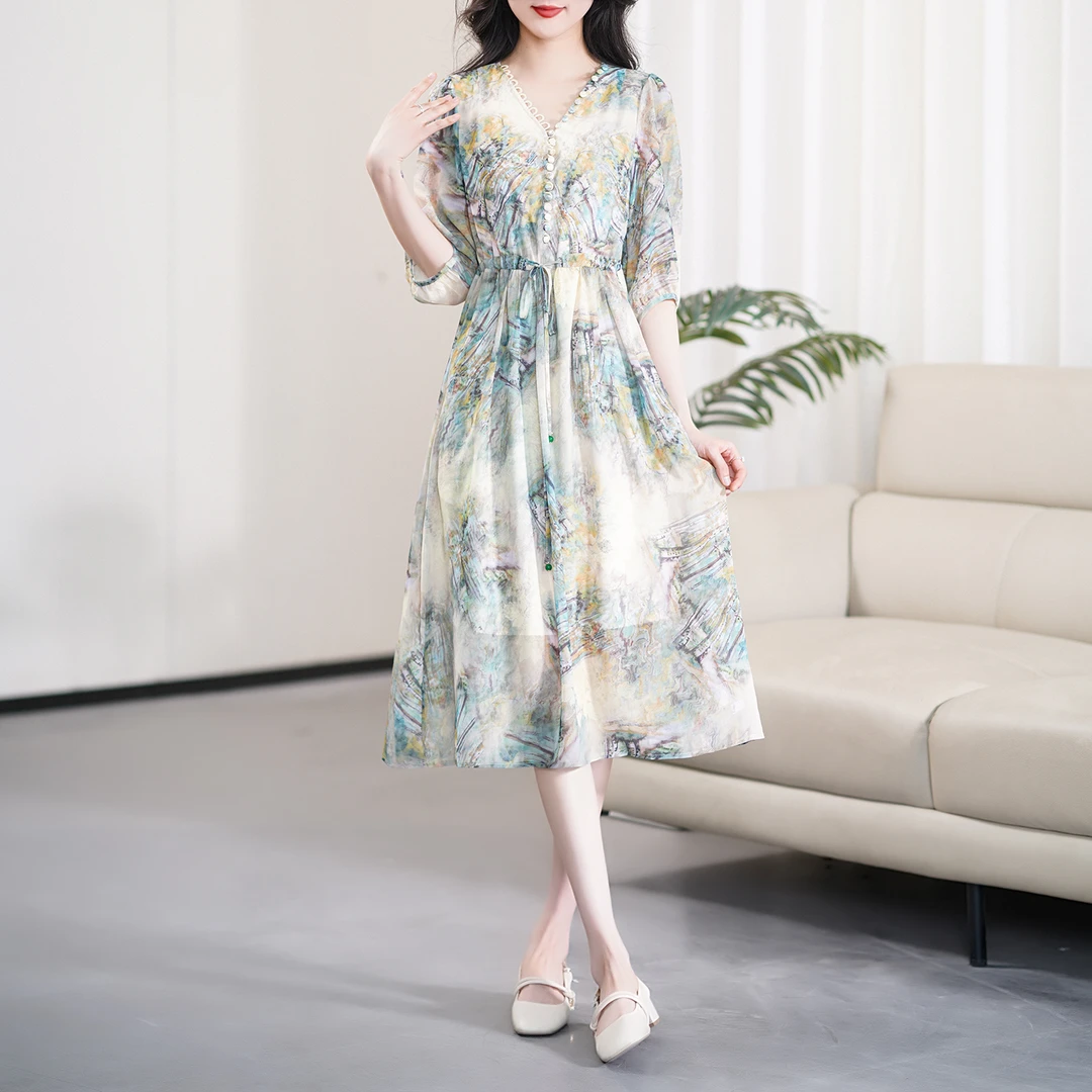 【绿野仙踪】V领时尚水墨印花收腰显瘦连衣裙CS6076  裙长109