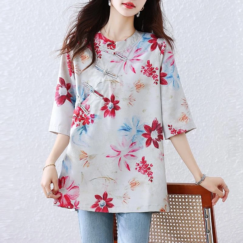 洋气女装夏季新中式人丝提花立领盘扣衬衫女宽松遮肚斜襟国风上衣