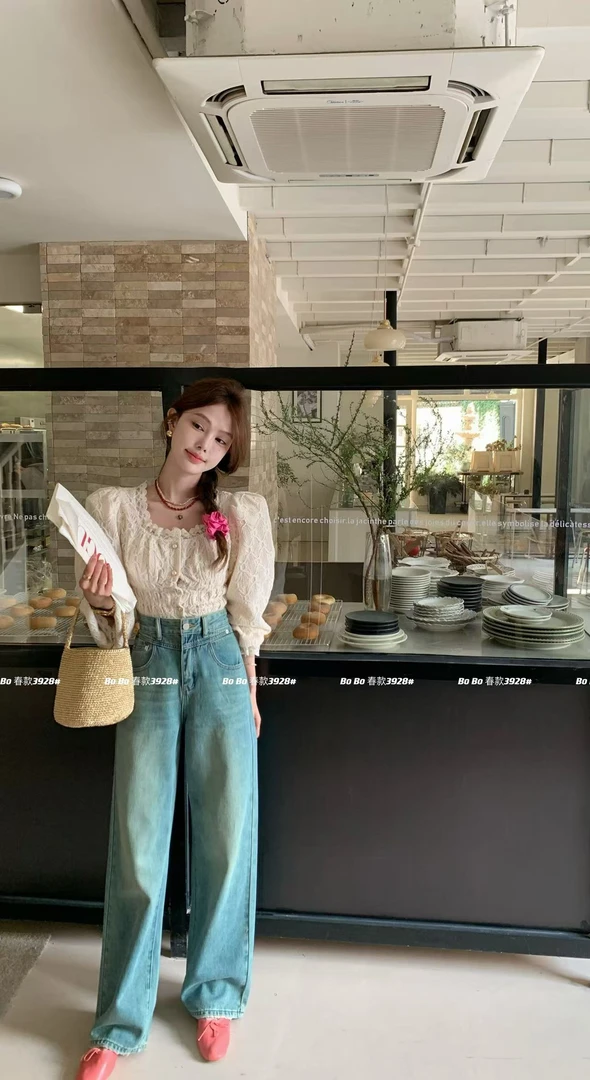 3928#bobo#春款 无弹 韩版高腰直筒阔腿拖地裤 绿调宽松牛仔裤女