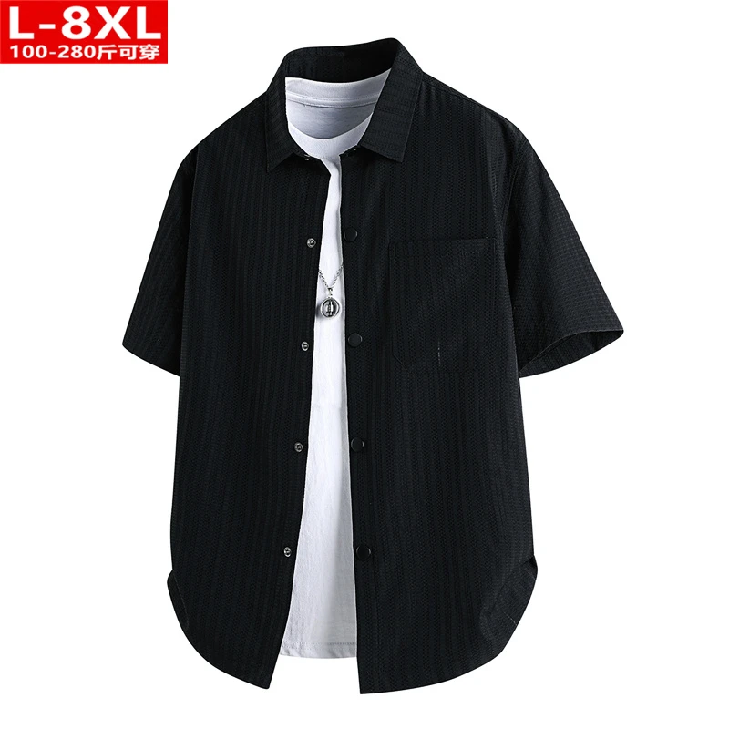 夏季潮流港风男装时尚贴袋短袖衬衫胖男士加肥加大码宽松休闲衬衣