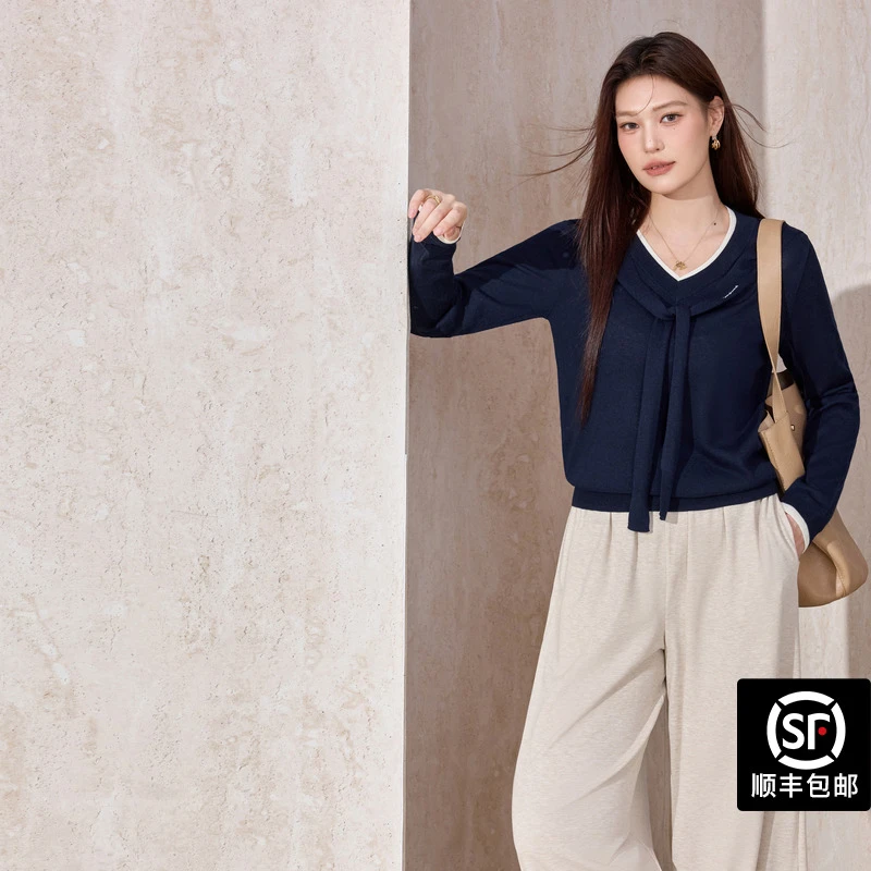 蓝语大码2025秋冬新款V领撞色系带假两件针织毛衣修身显瘦上衣女