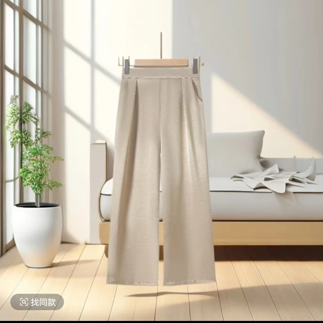 2025夏季新款桑蚕丝100%35姆米镜面百搭高腰气质富贵花直筒阔腿裤