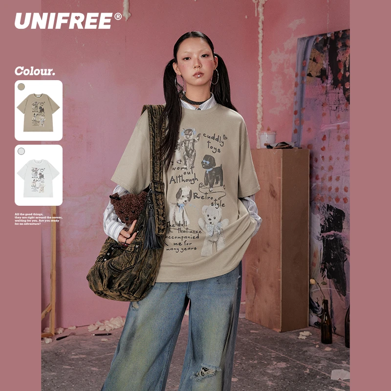 unifree【25年夏】圆领宽松短袖T恤女新款美式涂鸦高级慵懒风上衣