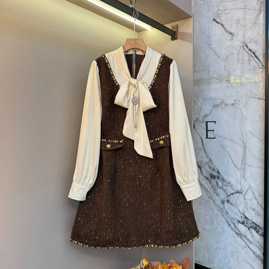 2025新款时尚气质拼假两件绑带胖mm小香风显瘦大码蝴蝶连衣裙7262