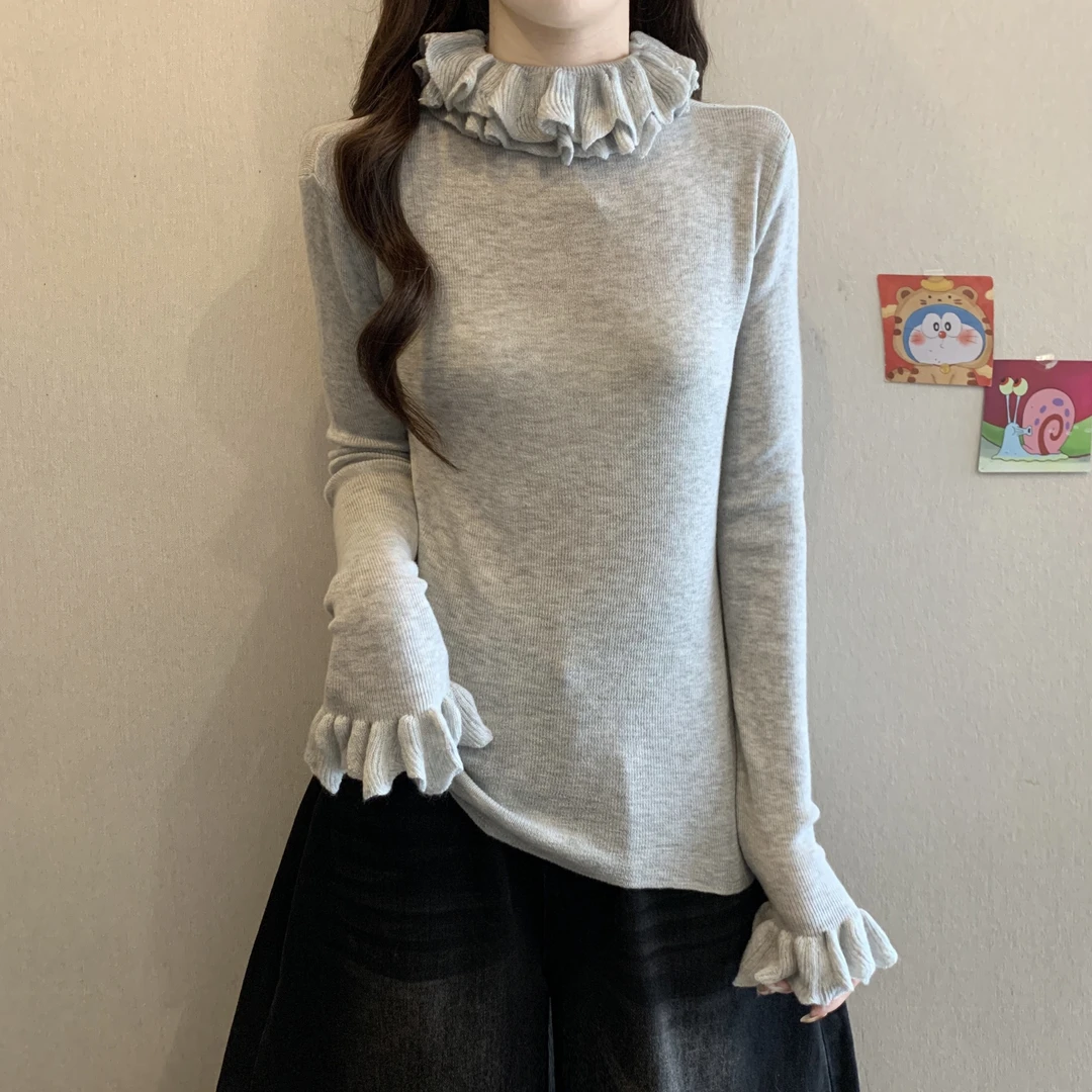 大码女装2025冬季新款胖mm韩系甜美温柔花边荷叶领内搭针织打底衫