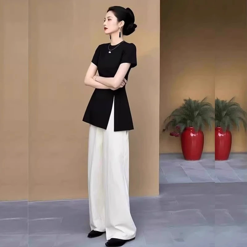 夏季搭配一整套时尚小个子减龄洋气高级感黑色短袖上衣阔腿裤套装