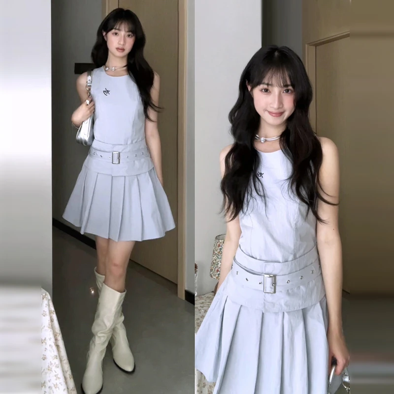 学院风蓝色无袖背心连衣裙夏季2025新款小个子财阀千金女装短裙子