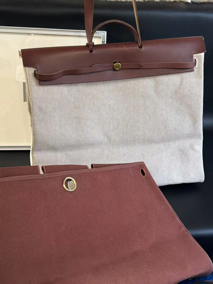 95新 Hermes/爱马仕 7 金棕拼色50herbag子母包有锁子钥匙