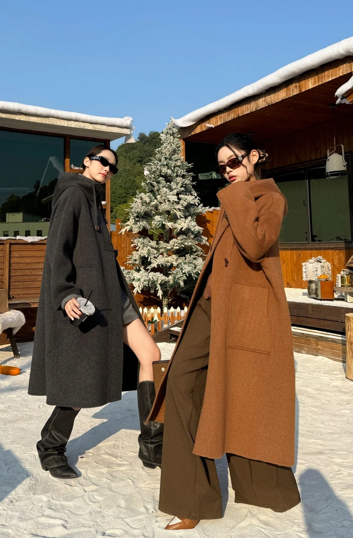 【五儿WUER】168#100绵羊毛冬季高级感韩显瘦带帽毛呢大衣宽松休闲