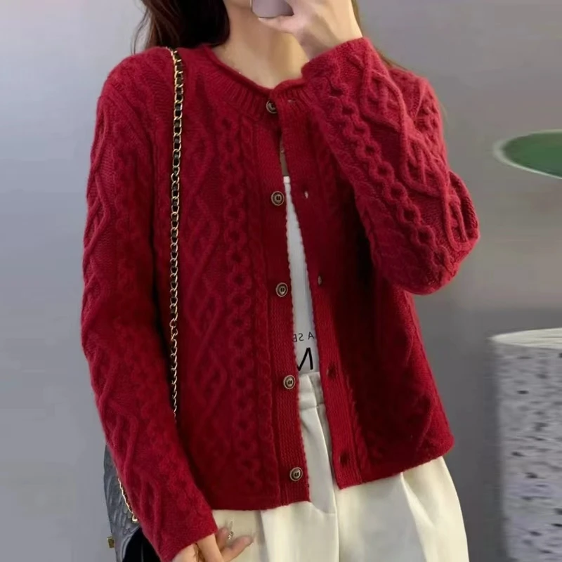 ZN-693秋冬重磅加厚扭花圆领纯羊毛针织开衫时尚复古羊毛毛衣外套