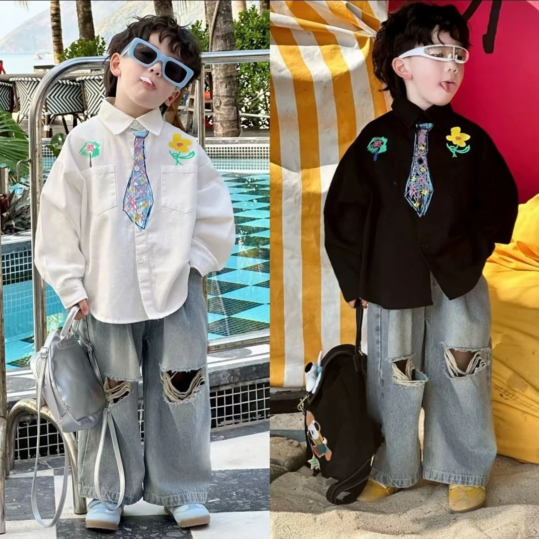 男童春款印花领带破洞牛仔裤套装2025新款涂鸦版型衬衫两件套FY