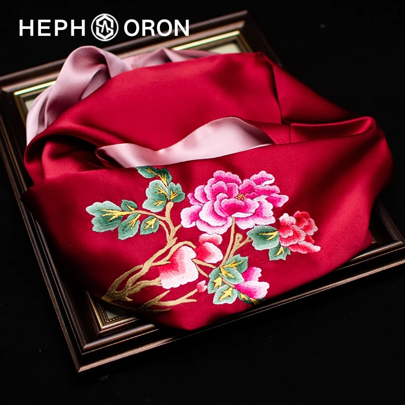 HEPHSORON苏绣丝巾礼盒送妈妈红色刺绣气质百搭桑蚕丝真丝围巾