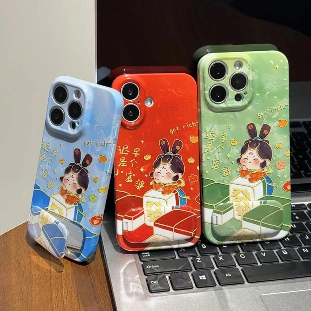富婆女孩适用苹果17支架手机壳华为P70vivoppo小米可爱VIVO发财女