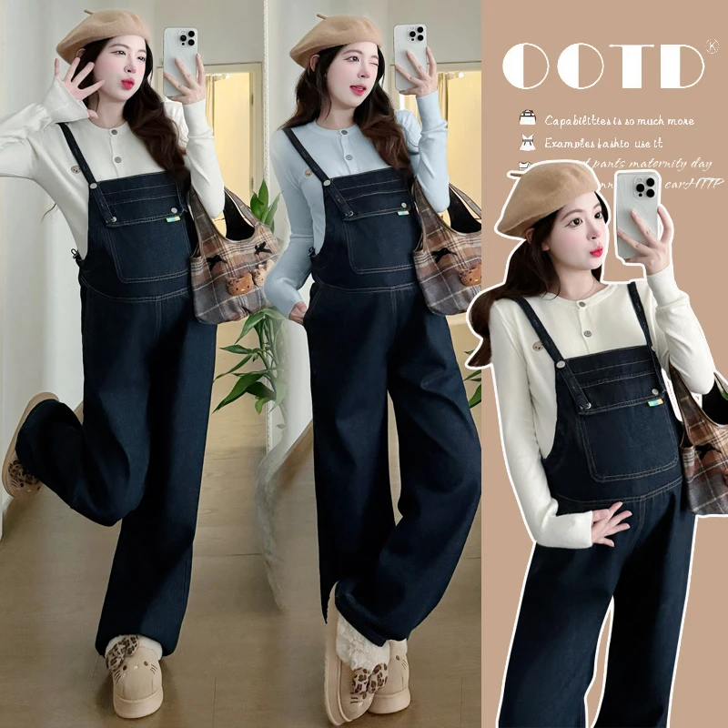 时尚孕妇2025秋季新款孕妇可调节背带裤小熊针织纯色打底衫套装