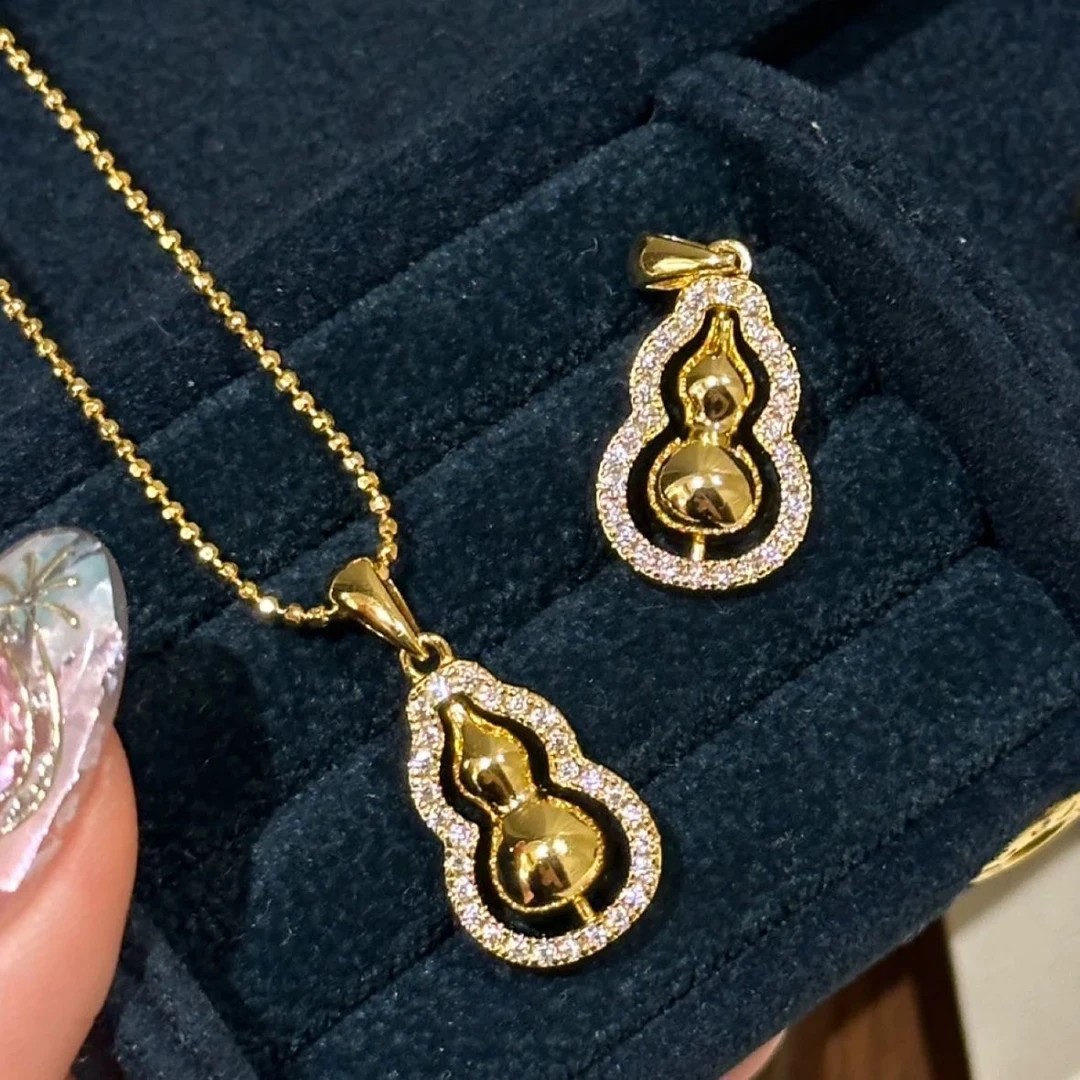 铜合金项链 金色葫芦项链新中式古法葫芦福禄项链微镶满钻