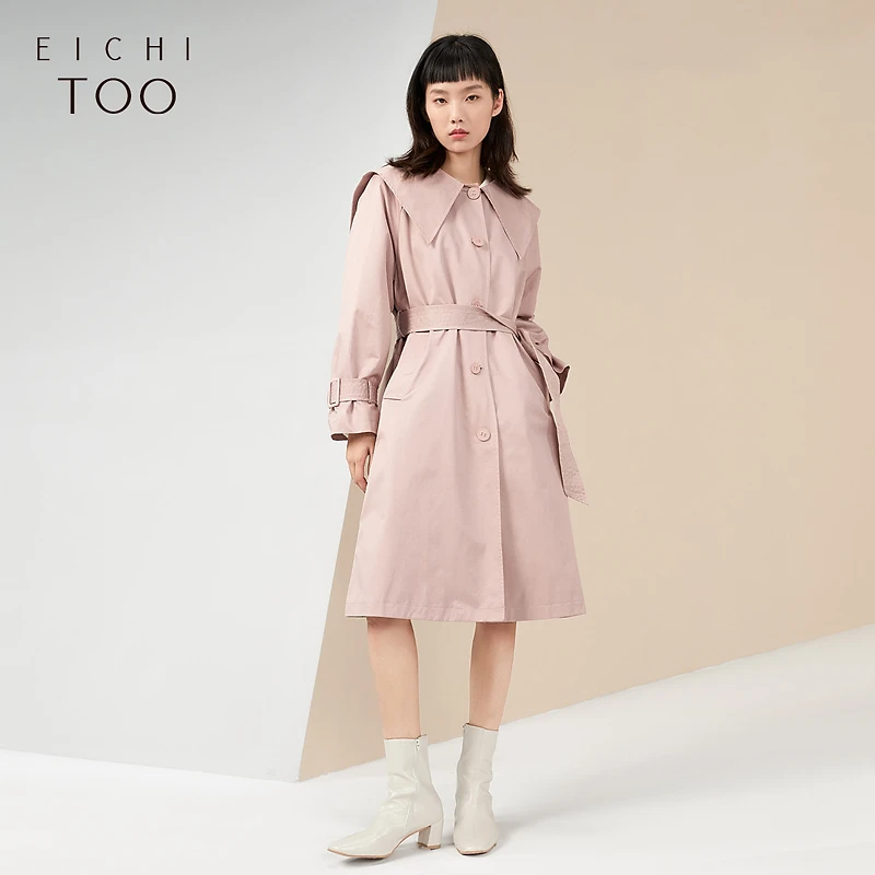 爱居兔甜美风本布腰带宽松娃娃领风衣外套EWFAJ3L001A