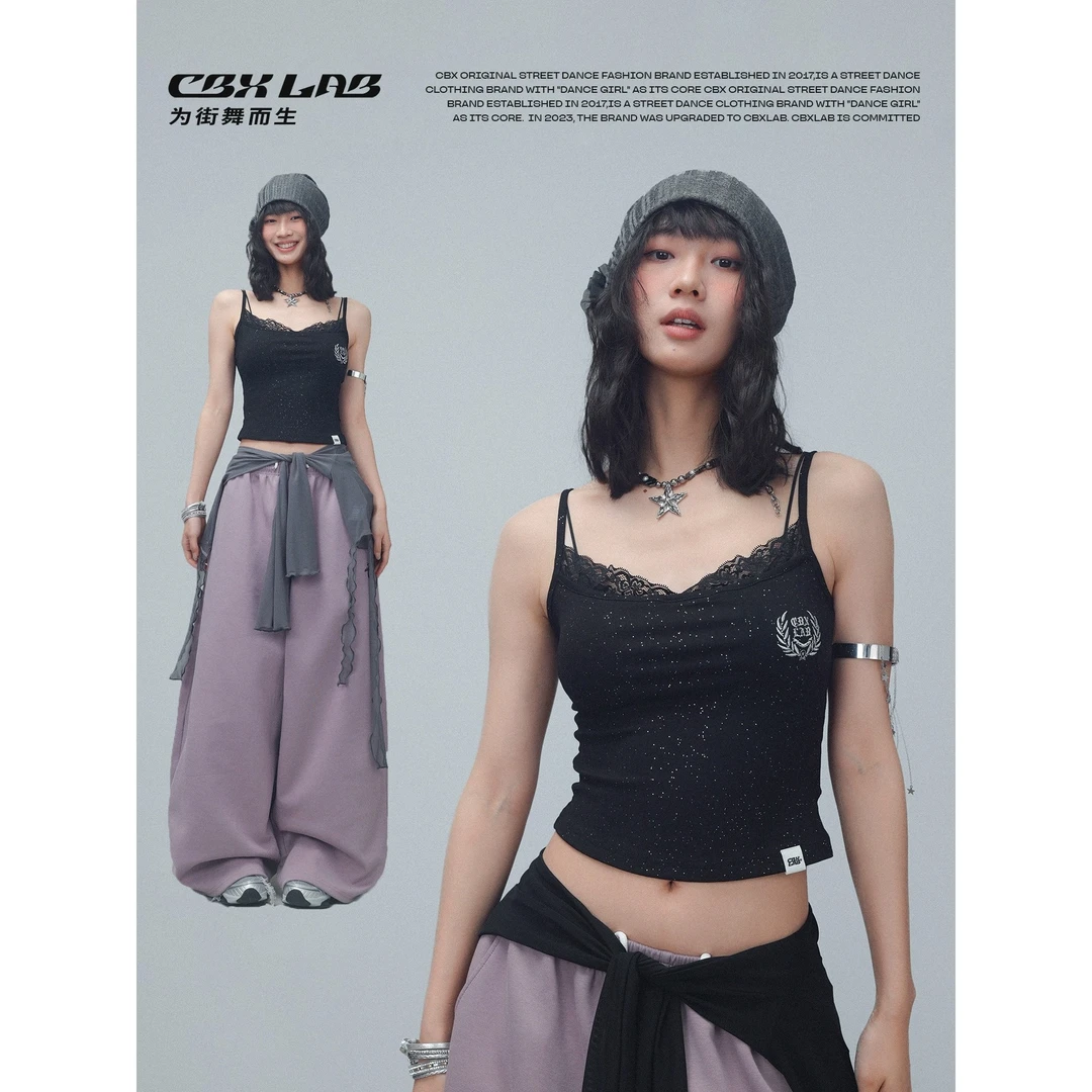 CBXLAB街舞潮牌撒银辣妹背心黑色时尚打底女士防走光修身春