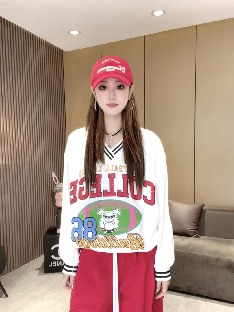 LL90602 韩系chic秋季减龄气质卡通字母印花抽绳长袖设计感卫衣