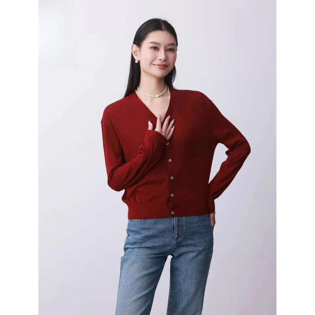 【商场同款】单排扣针织开衫时尚气质优雅百搭V领红色上衣女548028