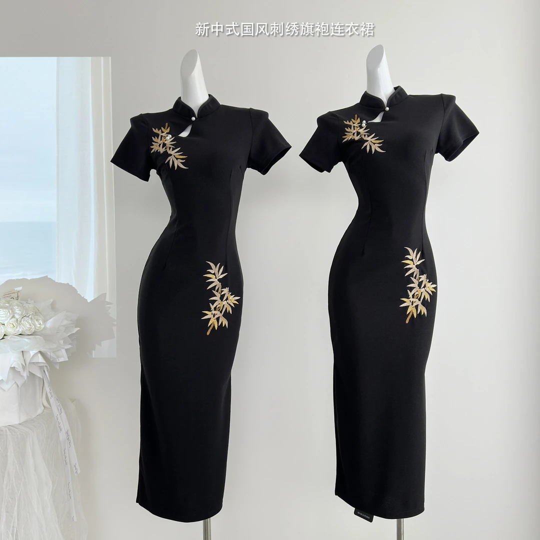 画报夫人原创自制新中式刺绣旗袍弹力西装连衣裙 短袖金竹