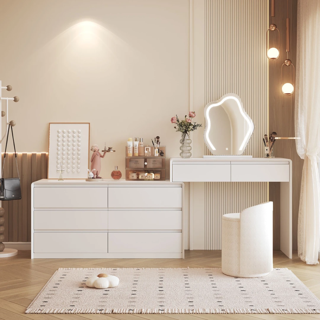 【小主专属】奶油风实木梳妆台床尾收纳一体斗柜烤漆简约梳妆台