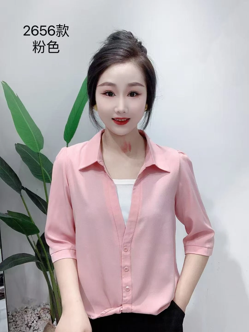时尚洋气假两件七分袖衬衫女2025春夏新款显瘦遮肚子休闲百搭衬衣